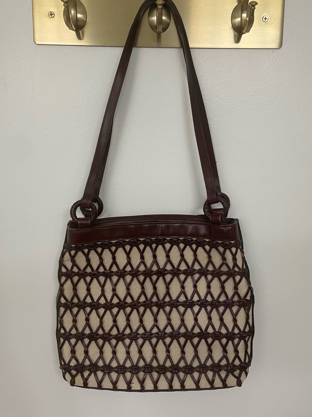 Preston & York Vintage Brown Woven Leather and Canvas Shoulder Bag